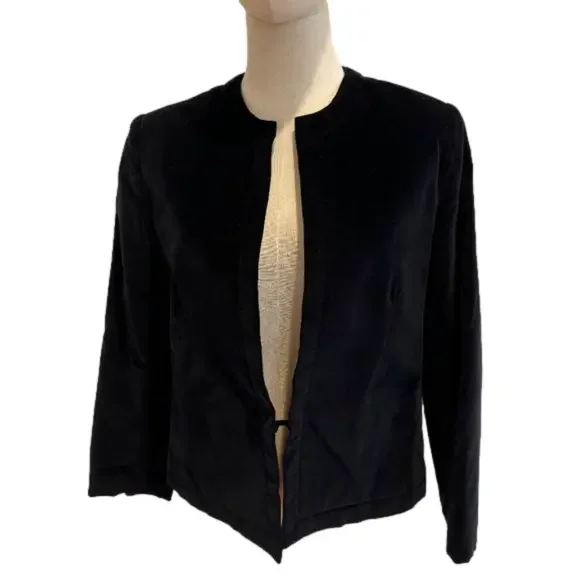 90s NEIL MARTIN BLACK VELVET BLAZER COTTON CROPPED COLLARLESS & 3/4 SLEEVES SZ 8 - Picture 1 of 9